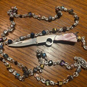 Mini Pocket Knife Rosary with Multi Shade Glass Square Beads